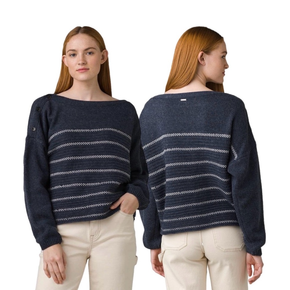 Prana Navy Blue Striped Boatneck Sweater